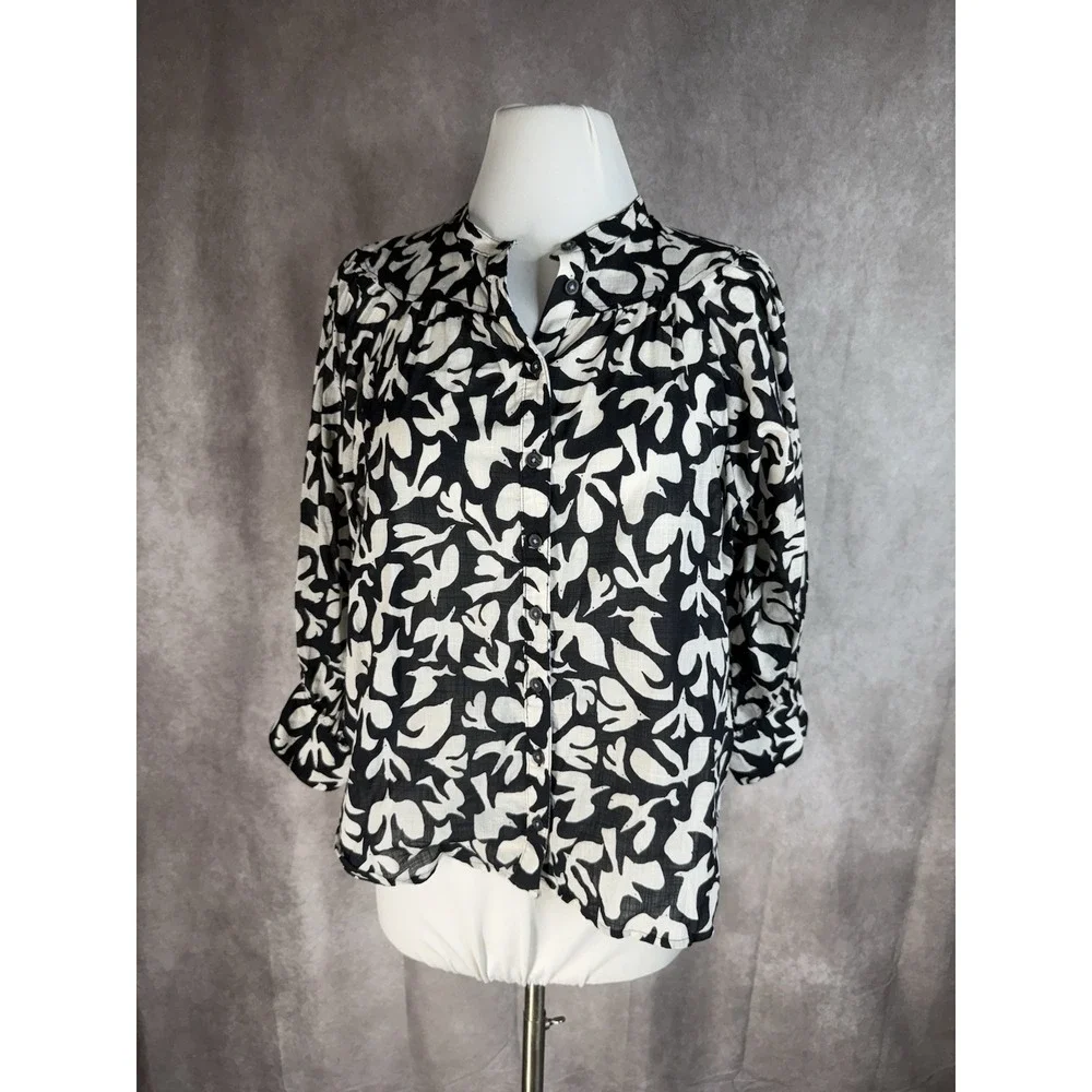 Danielle Knoll x Anthropologie Cotton Bird Print Puff Sleeve Blouse Size XS - Picture 2 of 8